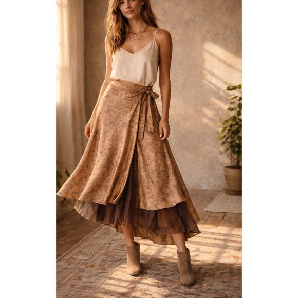 Ethnix Dresses & Skirts - Boutique NWT Reversible Silk Wrap Skirt Floral Bronze Satin Midi Women’s Sz M
